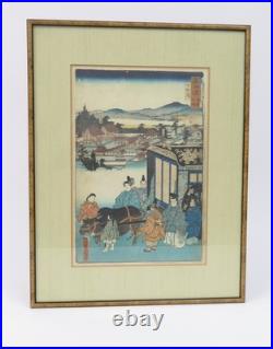 Framed Ukiyo-E Print by Utagawa Kunisada (1786-1864) Shimogamo on Tokaido Road
