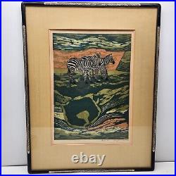 Fujita Fumio 1969 Zebras No 1 MCM Japanese Woodblock Art Print 63/200 Framed