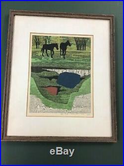 Fumio Fujita Japanese Woodblock Print Two Horses 1969 79/200