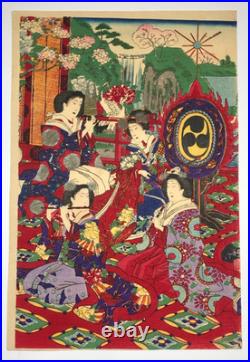 Fusatane Woodblock Print Triptych Spring Colors and Music Crane Beauty