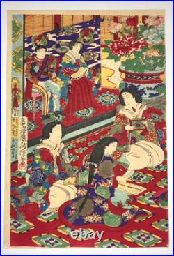 Fusatane Woodblock Print Triptych Spring Colors and Music Crane Beauty