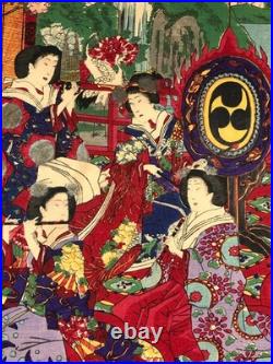 Fusatane Woodblock Print Triptych Spring Colors and Music Crane Beauty