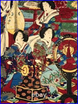 Fusatane Woodblock Print Triptych Spring Colors and Music Crane Beauty