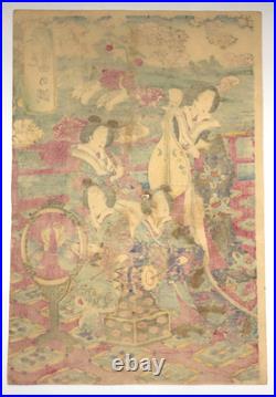Fusatane Woodblock Print Triptych Spring Colors and Music Crane Beauty