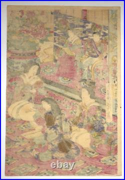 Fusatane Woodblock Print Triptych Spring Colors and Music Crane Beauty