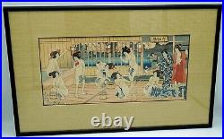 Genuine Antique Japanese Woodblock Print Nude Geisha Girls in Bath House Framed