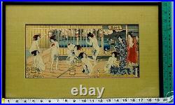 Genuine Antique Japanese Woodblock Print Nude Geisha Girls in Bath House Framed