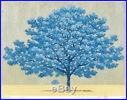 HAJIME NAMIKI JAPANESE Woodblock Print Blue Tree Hand SIGNED by Pencil