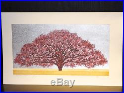 HAJIME NAMIKI Red Tree on Silver Japanese Woodblock Print