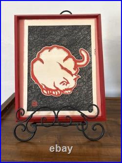 Hasegawa Sadanobu Red Cat Original Japanese Woodblock Print with Display Ease