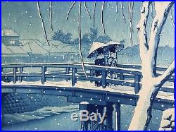 Hasui Japanese Woodblock, Evening Snow at Edo River, Aizuri-e, First Printing