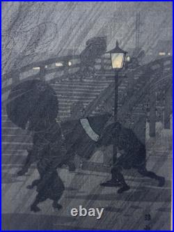 Hiroaki Takahashi Shotei Japanese Woodblock Print Sudden night rain near bridge