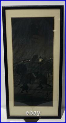 Hiroaki Takahashi Shotei Japanese Woodblock Print Sudden night rain near bridge
