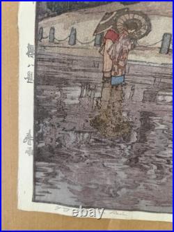 Hiroshi Yoshida Woodblock Yozakura In Rain Cherry Blossoms Jizuri Seal 1935