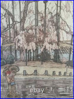 Hiroshi Yoshida Woodblock Yozakura In Rain Cherry Blossoms Jizuri Seal 1935