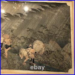 Hiroshige Ando Woodblock Japanese Frame Print Color Walking in Rain 1830s 21x15
