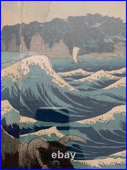 Hiroshige II Antique 1860s Woodblock Diptych Enoshima Beach Waves Japan Framed