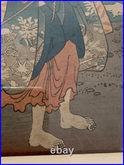 Hiroshige II Antique 1860s Woodblock Diptych Enoshima Beach Waves Japan Framed