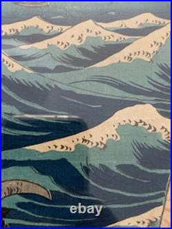 Hiroshige II Antique 1860s Woodblock Diptych Enoshima Beach Waves Japan Framed