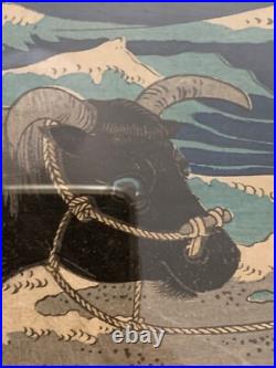 Hiroshige II Antique 1860s Woodblock Diptych Enoshima Beach Waves Japan Framed