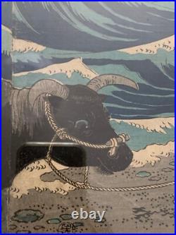 Hiroshige II Antique 1860s Woodblock Diptych Enoshima Beach Waves Japan Framed