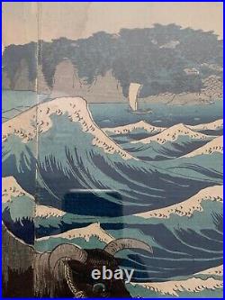 Hiroshige II Japanese Woodblock Diptych Edo Enoshima Sagami Bay ca1860 Framed