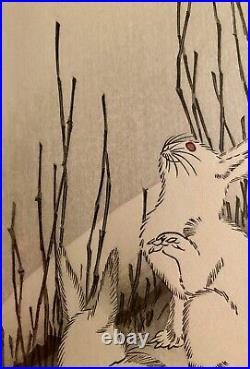Hiroshige Japanese Woodblock Print Rabbits and Reeds in Moonlight 18.25x9