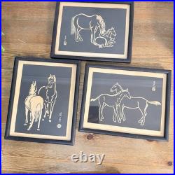 Horses Sonan Noda Woodblock Prints Black White Mid Century Set Of 3 RARE