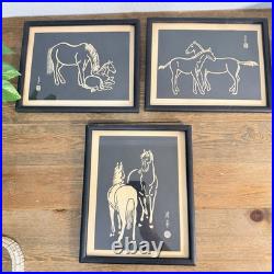 Horses Sonan Noda Woodblock Prints Black White Mid Century Set Of 3 RARE