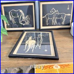 Horses Sonan Noda Woodblock Prints Black White Mid Century Set Of 3 RARE