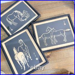 Horses Sonan Noda Woodblock Prints Black White Mid Century Set Of 3 RARE