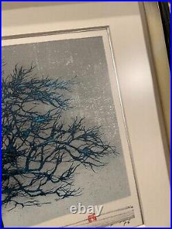 Hoshi Joichi Winter Tree Silver Leaf Original Color Woodblock Print. 1976