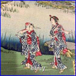 Ikkei Shosai Japan Woodblock Prints Antique Ukiyo-e Pond Kimono Cute Black Hair