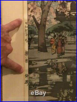 In a Temple Yard Signed, Framed Japanese Woodblock Print by Hiroshi Yoshida