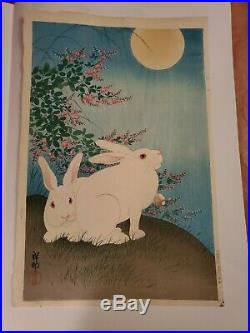JAPANESE OHARA KOSON Woodblock Print Rabbits and the Moon