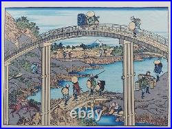 JAPANESE WOODBLOCK PRINT HOKUSAI LANDSCAPE BRIDGES RIVER Mount Fuji