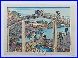 JAPANESE WOODBLOCK PRINT HOKUSAI LANDSCAPE BRIDGES RIVER Mount Fuji