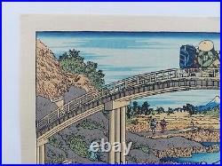 JAPANESE WOODBLOCK PRINT HOKUSAI LANDSCAPE BRIDGES RIVER Mount Fuji