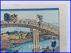 JAPANESE WOODBLOCK PRINT HOKUSAI LANDSCAPE BRIDGES RIVER Mount Fuji