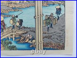 JAPANESE WOODBLOCK PRINT HOKUSAI LANDSCAPE BRIDGES RIVER Mount Fuji