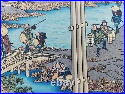 JAPANESE WOODBLOCK PRINT HOKUSAI LANDSCAPE BRIDGES RIVER Mount Fuji