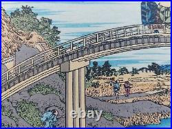 JAPANESE WOODBLOCK PRINT HOKUSAI LANDSCAPE BRIDGES RIVER Mount Fuji