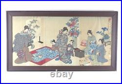 Japanese Antique Woodblock Triptych Ladies Meeting