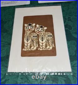 Japanese Block Printing Two Tigers Nenjiro Inagaki Mikumo Kyoto & Envelope -Nice
