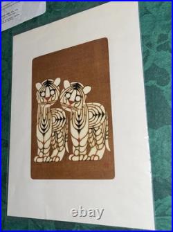 Japanese Block Printing Two Tigers Nenjiro Inagaki Mikumo Kyoto & Envelope -Nice