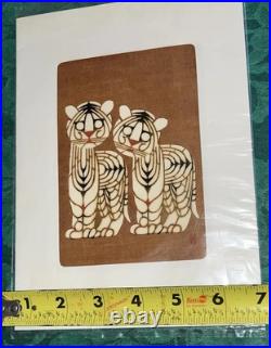 Japanese Block Printing Two Tigers Nenjiro Inagaki Mikumo Kyoto & Envelope -Nice
