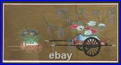 Japanese Gilded Painted Woodblock Flower Cart Print, Asian Fine Art Decor Gifts