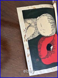 Japanese MCM Woodblock Print Vintage POPPY KAWANO KAORU MODERNIST