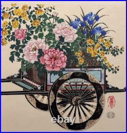 Japanese Original Flower Cart Woodblock Print, Cultural Fine Art Decor Gifts