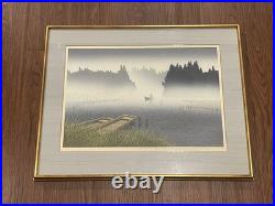 Japanese Signed Woodblock Print Seaside Landscape with Figure in Boat LE 49/180